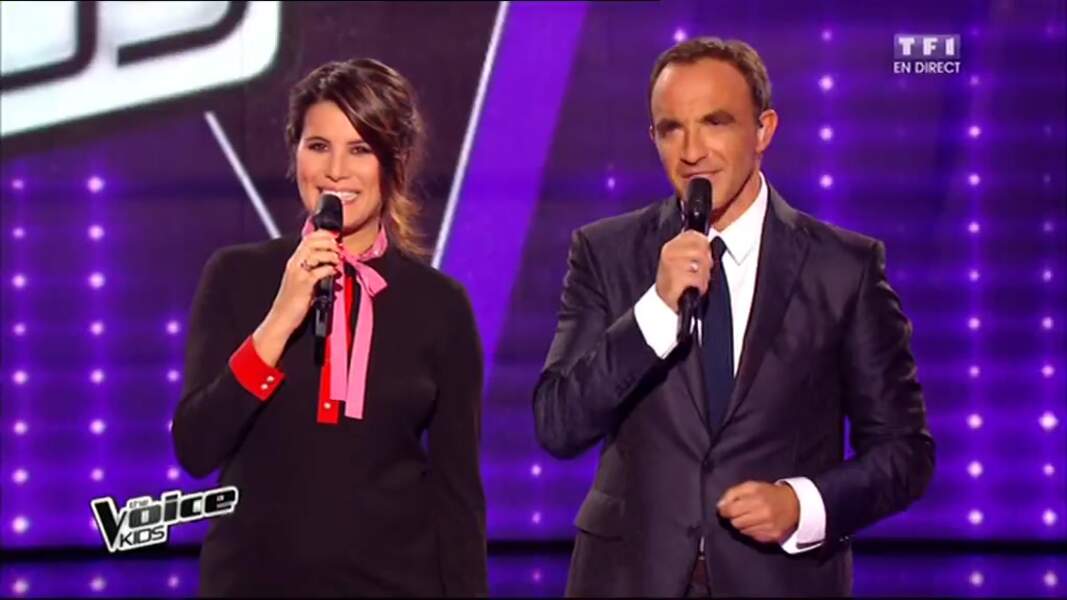 Karine Ferri et Nikos Aliagas lors de la finale de The Voice Kids 2.