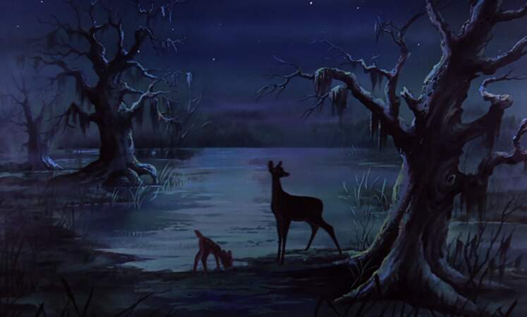 Bambi et sa mère s'invitent dans Bernard et Bianca au cours d'une scène nocturne pleine de mélancolie.