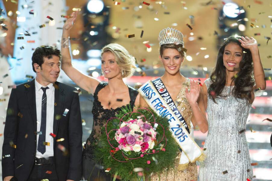 Patrick Bruel, Sylvie Tellier, Flora Coquerel et la nouvelle Miss France sous une pluie de confettis.