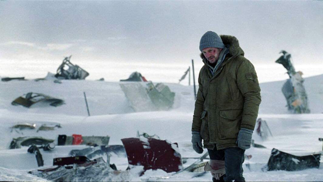Liam Neeson devant la carcasse de son avion dans Le Territoire des loups (2011)