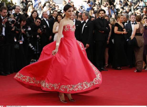 Le rouge flamboyant est le choix de l'actrice Freida Pinto (Oscar de la Renta, 2014)