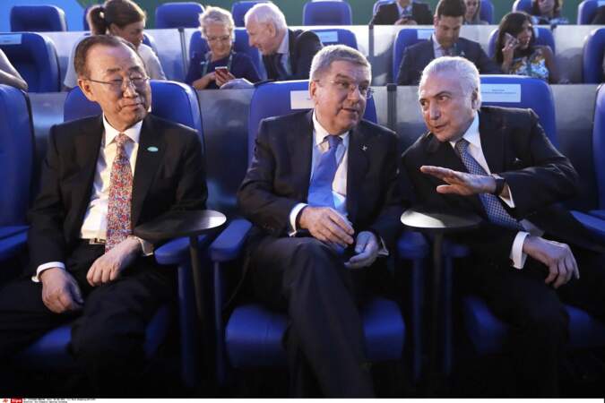 Les dirigeants respectifs des Nations unies, du CIO et du Brésil : Ban Ki-moon, Thomas Bach et Michel Temer