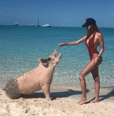 Nabilla a sorti son plus beau décolleté pour nourrir les cochons sauvages aux Bahamas. 