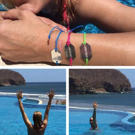 En vacances, Maria Bello se jette à l'eau… et n'oublie pas de faire la promo de son livre "Whatever… Love is love" 