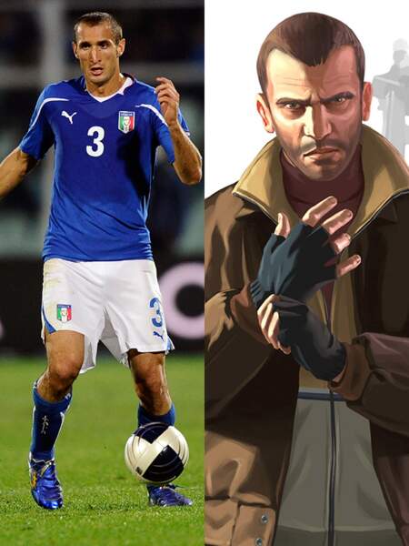 Le défenseur italien Giorgio Chiellini et Niko Bellic (Grand Theft Auto IV). Quoi, ça va trop loin ?