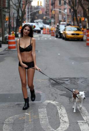 En réalité Emily Ratajkowski ne promène pas son chien en lingerie...