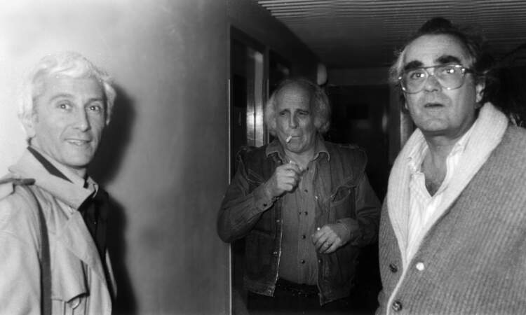 Marcel Amont, Léo Ferré et Michel Legrand après un spectacle en 1982