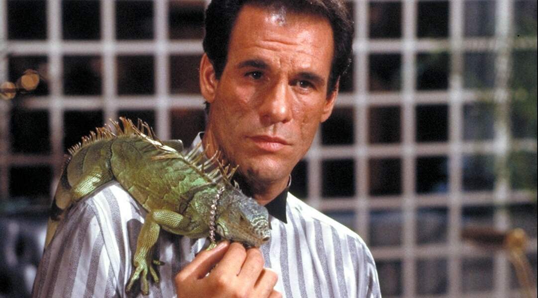Le vérolé Robert Davi (et son gros iguane vert) interprète le narcotrafiquant Sanchez dans Permis de tuer en 1989.