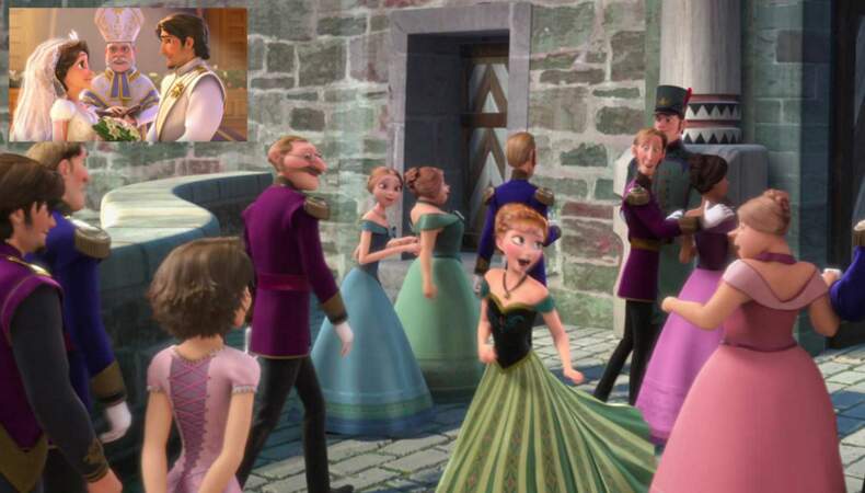 La Reine des Neiges : Raiponce (cheveux courts et de dos) s'invite à une fête organisée par Elsa et Anna