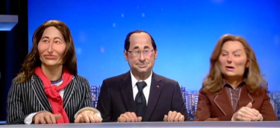 "Gneeee" : François Hollande, aux côtés de ses deux anciennes compagnes, Ségolène Royal et Valérie Trierweiler.