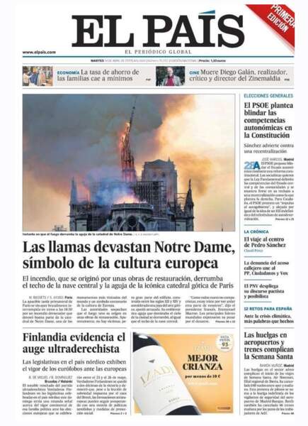 "Les flammes dévastent Notre-Dame, symbole de la culture européenne", commente le quotidien espagnol El País