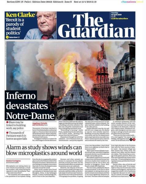 "L'enfer dévaste Notre-Dame", selon le quotidien britannique The Guardian