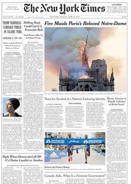 "Le feu met en pièces la bien-aimée Notre-Dame-de-Paris", titre The New York Times