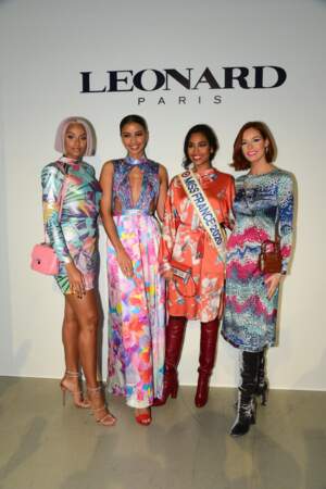 Alicia Aylies, Flora Coquerel, Clémence Botino (Miss France 2020), Maëva Coucke posent ensemble au défilé Leonard pendant la Fashion Week le 27 février 2020