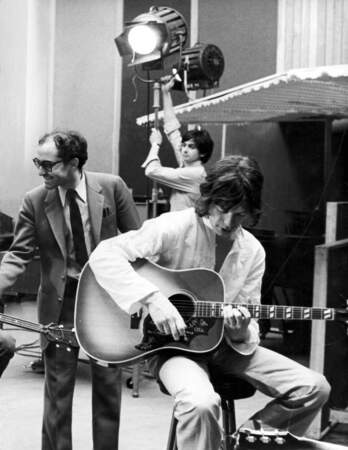 Sur le tournage de "One plus one" en 1968 avec Mick Jagger et les Rolling Stones.