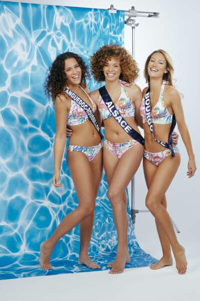 Miss Languedoc-Roussillon, Miss Alsace et Miss Bourgogne tout sourire lors du shooting en maillot de bain