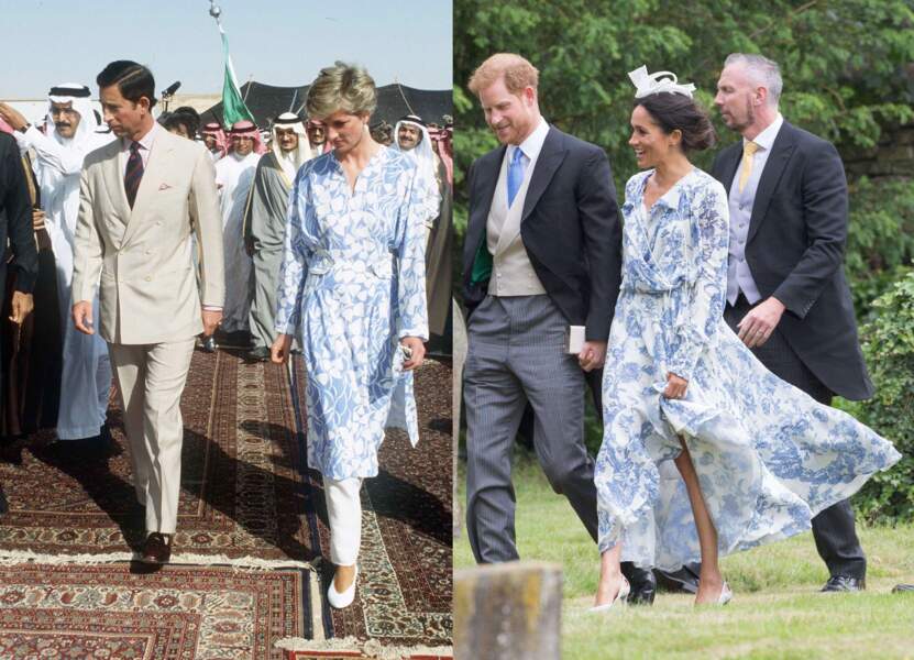 Meghan Markle s'est plusieurs fois inspirée de la garde-robe de la princesse Diana. Ici Diana en Arabie Saoudite en 1986; Meghan Markle en juin 2018.