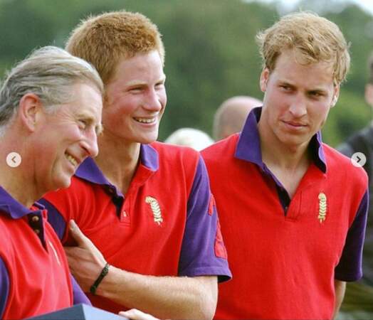 Sur ce cliché, le Prince Charles pose aux côtés de ses fils : Harry et William.