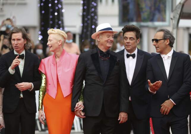 Le réalisateur Wes Anderson, les acteurs Tilda Swinton, Bill Murray, Benicio Del Toro et le compositeur Alexandre Desplat