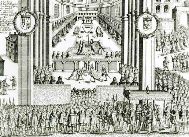 Couronnement de Charles Ier d'Angleterre en 1625. Son règne se terminera mal : il sera décapité en 1649 et la monarchie abolie (gravure d'époque).