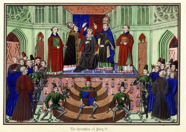 Couronnement en 1399 du roi Henri IV à l'abbaye de Westminster, premier de la lignée des Lancastre.
