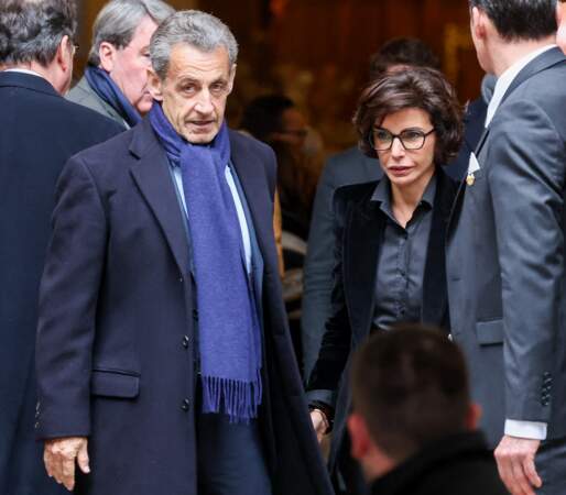 Nicolas Sarkozy et Rachida Dati à la sortie des obsèques de l'ancien ministre de la Culture Frédéric Mitterrand