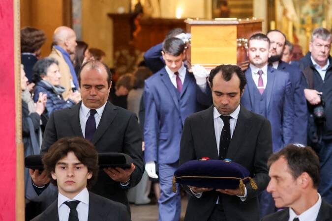 Sorties des obsèques de l'ancien ministre de la Culture Frédéric Mitterrand.